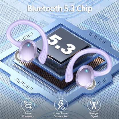 Wireless Earbuds Sport, 2025 Bluetooth 5.3 Headphones Bass Hi-Fi Stereo Over Ear Buds, 48Hrs Noise Cancelling Headset with Earhook, IP7 Waterproof Earphones Workout Running for Laptop Pad Android iOS - color: Purple