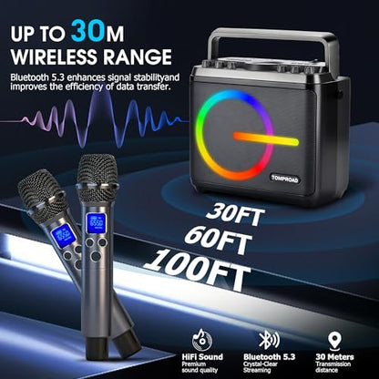 Karaoke Machine, Bluetooth Speaker with 2 Wireless Microphones, Portable Voice Amplifier PA System for Adults Kids with LED Lights Support Bass/Treble Adjustment, TF Card/USB, REC for Home Party
