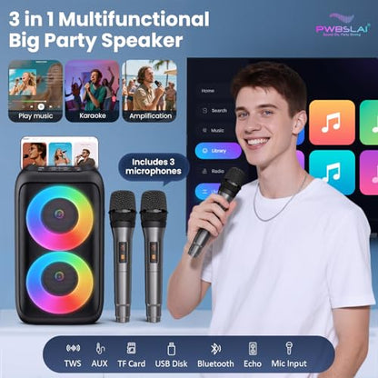 Bluetooth Speaker with 3 Wireless Microphones, Portable Party Speaker for Adults & Kids with Lights, Speakers Bluetooth Wireless, Floorstanding Speakers Support TWS/AUX/USB/TF Card for Home Party Gift - size: 3 Mics