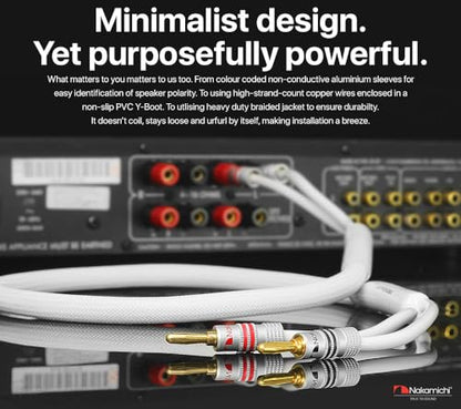 Nakamichi 24k Gold Plated Banana Plugs Speaker Cables 99.9% OFC (3 Feet) | Oxygen-Free Copper, Excel Series, Amplifier Heavy Duty Braided In-Wall CL2 Rated Wires - White (12AWG / 3ft / 0.9m) 2-Pack - color: White, size: 12 AWG (3-Feet)