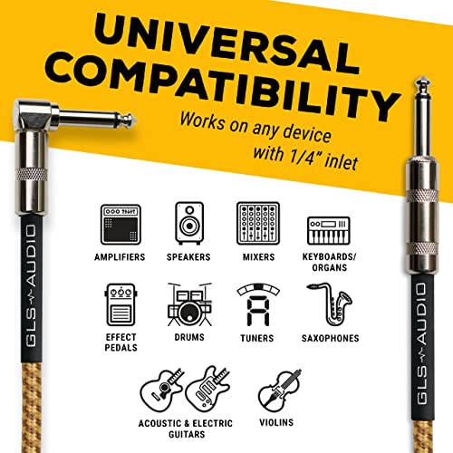 GLS AudioStraight to Right Angle 1/4 Inch TS, Oxygen-Free Copper, Braided Tweed Jacket, Male-to-Male Wired Amp Cord for Amplifier Instrument Cable 20 Ft Electric Guitar Cable Braided Brown/Yellow | Straight to Right Angle 1/4 Inch TS, Oxygen-Free Copper,