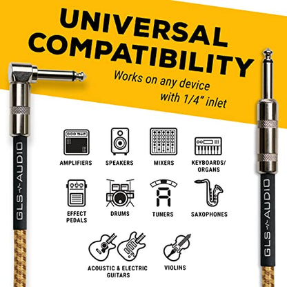 GLS AudioStraight to Right Angle 1/4 Inch TS, Oxygen-Free Copper, Braided Tweed Jacket, Male-to-Male Wired Amp Cord for Amplifier Instrument Cable 20 Ft Electric Guitar Cable Braided Brown/Yellow | Straight to Right Angle 1/4 Inch TS, Oxygen-Free Copper,