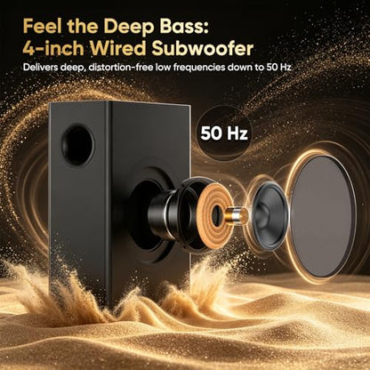 Sound Bar with Wired Subwoofer for TV, 70W 2.1 Channel Soundbar | 14" Compact Design, Deep Bass, Surround Sound System, Bluetooth 5.3, Optical/AUX, Home Theater System for TV, PC & Gaming