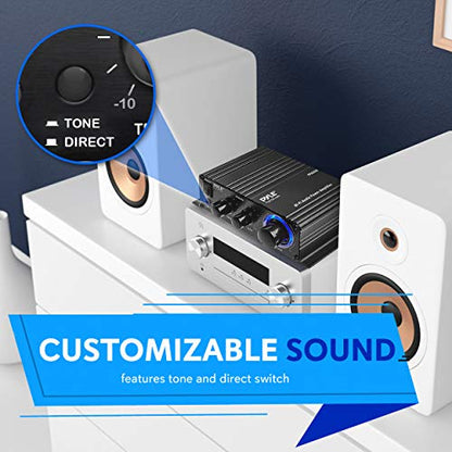Pyle Home Mini Audio Amplifier - 60W Portable Dual Channel Surround Sound HiFi Stereo Receiver w/ 12V AC Adapter, AUX, MIC IN, Supports Smart Phone, iPhone, iPod, MP3 For 2-8ohm Speakers - Pyle PFA200