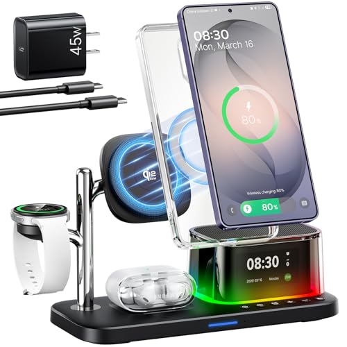 Meifigno 25W 5 in 1 Charging Station for Galaxy S26 Ultra with Bluetooth Speaker/Alarm Clock/Night Light, Qi2.2 Fast Magnetic Wireless Charger with 45W Adapter for S26/Z Fold7, for Galaxy Watch 8/Buds