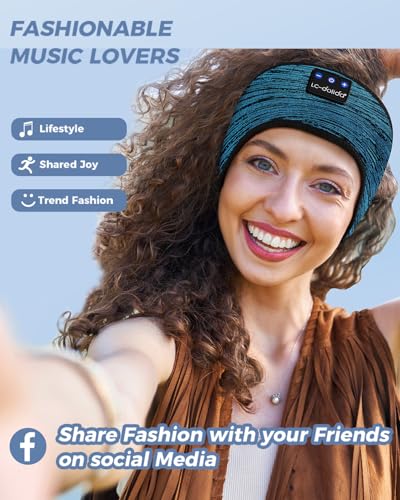 LC-dolida Boho Sleep Headphones Headband, Over Ear Bluetooth Headphones Wireless Womens Headbands, Wireless Earphones Sweat Resistant Band Music Sleeping Eye Mask Earbuds for Sports Unique Gifts - color: Beige Blue