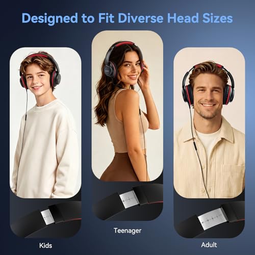 KVIDIO Wired Headphones with Microphone, Over Ear Foldable 3.5mm Plug in Corded Headphones with Volume Control, 4.9ft Tangle-Free Cord for Tablet Laptop MP3/4 School, Airplane Travel Black Red | Wired Over Ear Foldable Headphones for Teens Classroom Trave