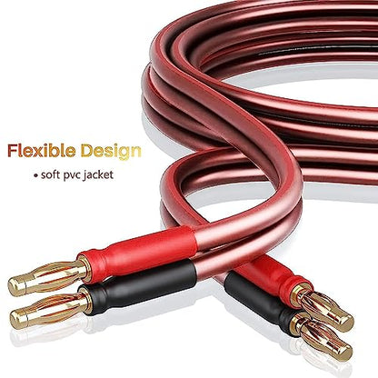 LONPOO Oxygen Free Pure Copper 14 Gauge Speaker Wire | Speaker Cables with 245 Strands Gold Plated Banana Plugs,6.6 Feet 2 Pack for Stereo and Home Theater (2M/6.6Ft)