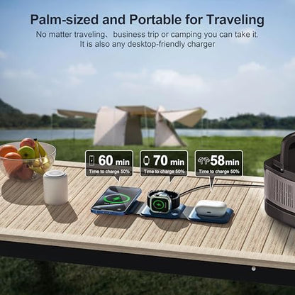3 in 1 Charging Station for Multple Devices,Foldable 3 in 1 Wireless Charger for Travel,Nano Wireless Charging Station for iPhone16 15 14 13 12 Pro Max/Watch 10 9 8 7 6 5 4 3 Ultra/AirPod Pro - color: Blue