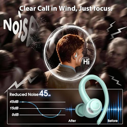 Wireless Earbuds with Earhook, 48H Deep Bass/ENC Mic Ear Buds Misty Blue | Wireless Earphone with LED Display, Bluetooth 5.3 Headphones In Ear, IPX7 Waterproof Over Ear Buds for Running/Workout - color: Misty Blue