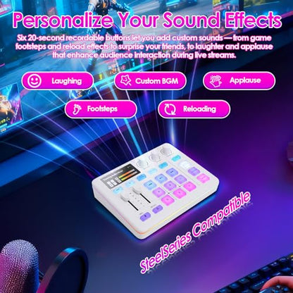 Portable Audio Mixer & Live Sound Card with Voice Changer, RGB Gaming Lights, Bluetooth Accompaniment, Compatible with, PC, for Streaming and Podcasting (White)