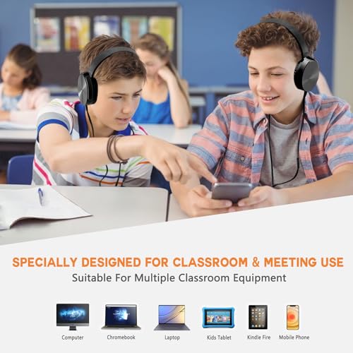 2 Pack Wired Classroom Headphones with Microphone for Kids All Ages K-12, Durable Students Computer Headphones for School, Library, Airplane, Online Learning and Travel (HY450, Black)