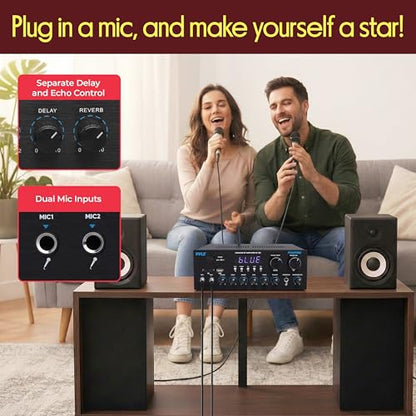 Pyle Wireless Bluetooth Streaming Amplifier - 300W Multi Channel Receiver with Dual Hi Def in/Out, Optical/Coaxial w/ 24 Bit decoding, Aluminum Control Knobs, Headphone Out, USB-A/SD - PDA99BU