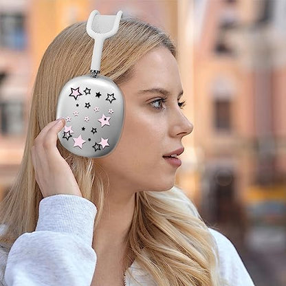 Silicone Case for AirPods Max Headphones, Clear Star Soft TPU Ear Cups Cover/Ear Pad Cover/Headband Protection for Apple AirPods Max USB-C/Lightning (2024/2020) (Pink Stars)