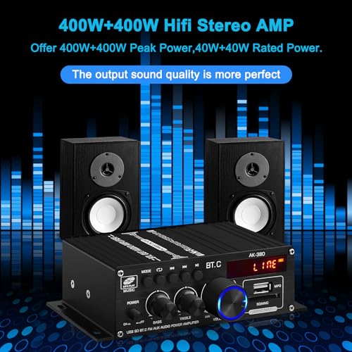 AK-380 USB SD BT.C FM AUX Audio Power Amplifier 2.0 CH 40W+40W HiFi AMP | Stereo AMP Bluetooth 5.0 Speaker Amp Receiver with 12V 5A Power Supply,FM Antenna for Car Home Bar Party - color: AK-380(2.0CH 40W+40W RMS)