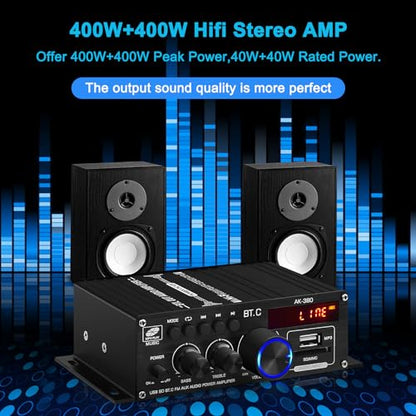 AK-380 USB SD BT.C FM AUX Audio Power Amplifier 2.0 CH 40W+40W HiFi AMP | Stereo AMP Bluetooth 5.0 Speaker Amp Receiver with 12V 5A Power Supply,FM Antenna for Car Home Bar Party - color: AK-380(2.0CH 40W+40W RMS)