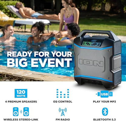 ION Block Rocker - Portable Bluetooth Outdoor Party Speaker with Karaoke Microphone, Battery, 4 Speakers, Radio, USB Port, App, Water-Resistant, 120W - style: Block Rocker