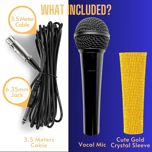 Black Wired Dynamic Vocal Microphone with XLR Cable and Gold Skin | Cardioid Wired Mic Focuses Voice And Reduces Side Noise; 11.5-Ft XLR-To-3.5/6.35 mm Lead Suits Karaoke Or Live Vocals