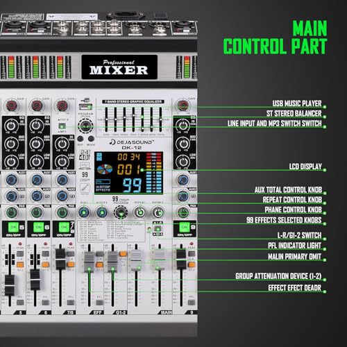 12-Channel Professional Audio Mixer, DK-12 Mixing Console with XLR Inputs, Bluetooth, 99 DSP Effects, MP3, USB Interface for Podcast, Music, Recording, PC 14.76"x1.96“x17.40"inches