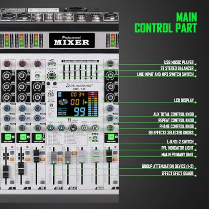 12-Channel Professional Audio Mixer, DK-12 Mixing Console with XLR Inputs, Bluetooth, 99 DSP Effects, MP3, USB Interface for Podcast, Music, Recording, PC 14.76"x1.96“x17.40"inches