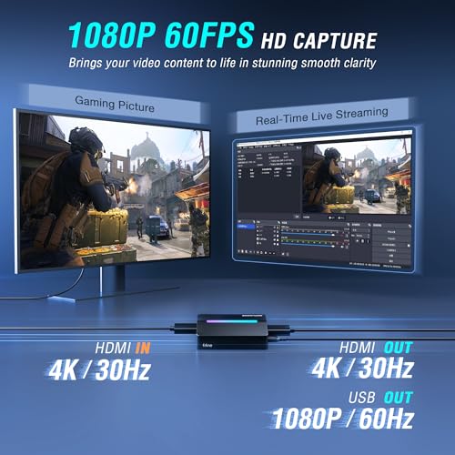 Fifine AmpliGame Video Capture Card, HD 1080 60fps for Audio Video, Gaming, Live Streaming, 4K HDMI to USB Capture Card Compatible with PS4/Windows/Mac OS/Switch/Xbox-V3 | 1080p 60fps capture, 4K 30fps, Flowing RGB Lighting, 3.5mm audio input, for PS5, PS
