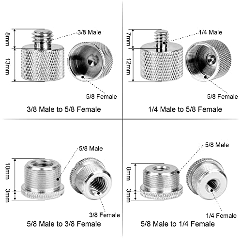 Mic Stand Adapter Set,8 Pcs Mic Thread Adapters-5/8 Female to 3/8 Male and 3/8 Female to 5/8 Male,5/8 Female to 1/4 Male and 1/4 Female to 5/8 Male-Screw Adapter for Microphone Stand Boom Arm-Silver - color: Silver
