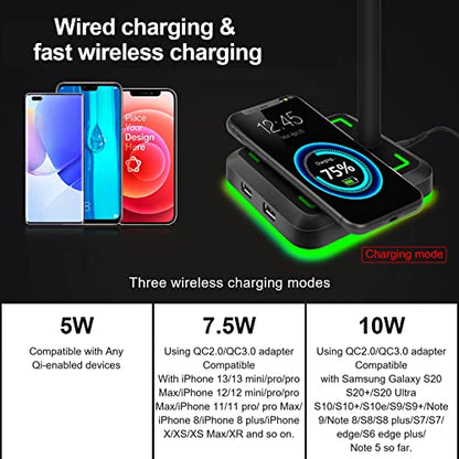Headphone Stand with Wireless Charger Gaming Headset Holder 2 IN 1 Wireless Charging Pad & 2 USB Charger Ports for Desktop PC Game Accessories