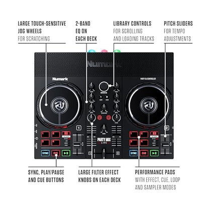 Numark Party Mix Live DJ Controller with Built-in Lights and Speakers | 2-Decks, 2 Filter FX Knobs, DJ Mixer, Touch-Capacitive Wheels, Integrated Audio Interface, and Serato DJ Lite - style: PARTYMIX LIVE