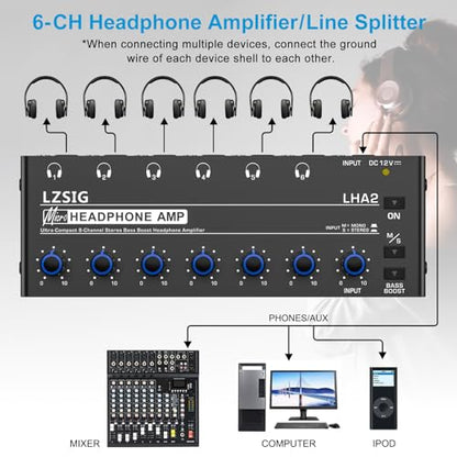 LZSIG Headphone Amplifier with Bass Boost, 6 Channel, 1 IN 6 OUT, DC 12V | Metal Stereo Audio Amplifier, Mini Earphone Splitter with Power Adapter, 1/4" & 1/8" TRS Headphones Output & TRS Audio Input - size: Medium(6-channel)
