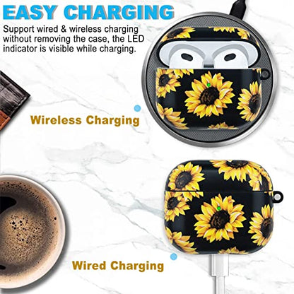 Compatible with Airpods 3rd Generation Case - Wonjury Protective Hard Compatible with Airpods 3 Case Cover with Cleaner Kit Women Girls Keychain, Sunflower - color: Sunflower