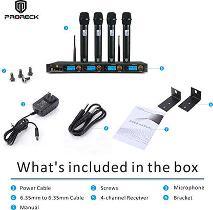 PRORECK MX44 4-Channel UHF Wireless Microphone System with 4 Hand-held Microphones Karaoke Machine for Party/Wedding/Church/Conference/Speech