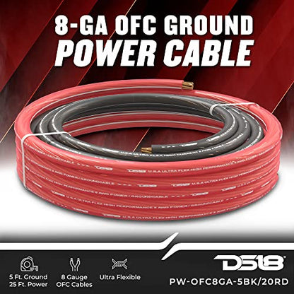 DS18 PW-OFC8GA-5BK/20RD Ultra Flex Power Wire OFC 8 Gauge, 5ft-Black and 20ft-Red - Power Amplifier Wiring Kit