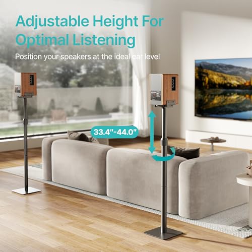 Height-Adjustable Speaker Stands Pair, Black | Height Adjustable from 33.4" to 44", 11LBS Capacity, Surround Sound Speaker Stands, Cable Management, 1 Pair