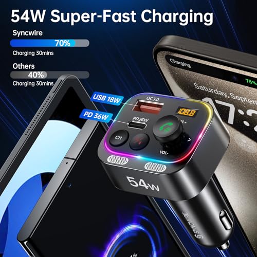 Syncwire Bluetooth 5.4 FM Transmitter Car Adapter 54W with Light Switch | [Stronger Dual Mics] [HiFi Bass Sound] [Fast Charging] Wireless Radio Receiver Hands-Free Calling LED Display - color: Black