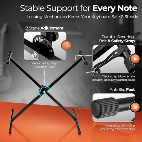 Flexzion Classic Keyboard Stand Musician Electronic Piano Organ Single Tube X Type 7 Position Folding Adjustable Height Metal Braced Rack Portable with Locking Straps