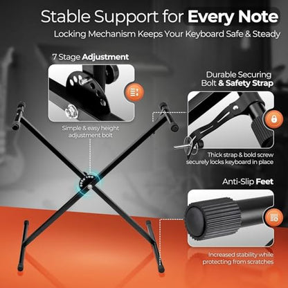 Flexzion Classic Keyboard Stand Musician Electronic Piano Organ Single Tube X Type 7 Position Folding Adjustable Height Metal Braced Rack Portable with Locking Straps