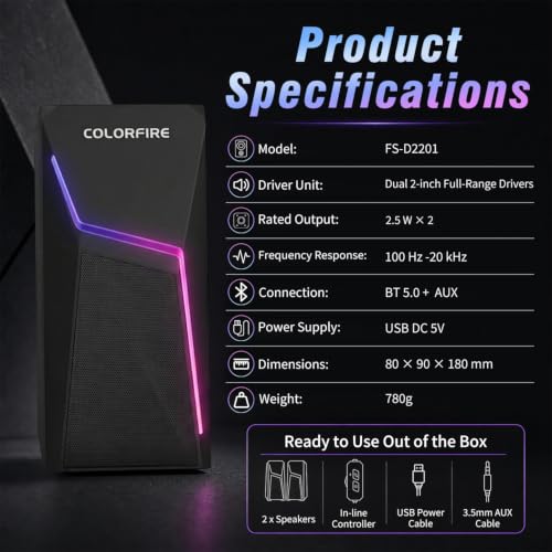 PC Speakers USB Powered 3.5mm Aux Wired RGB Computer Speaker for Desktop PC | for Laptop, Monitor, Desktop computer, Immersive 2.0 Dual-Channel Stereo