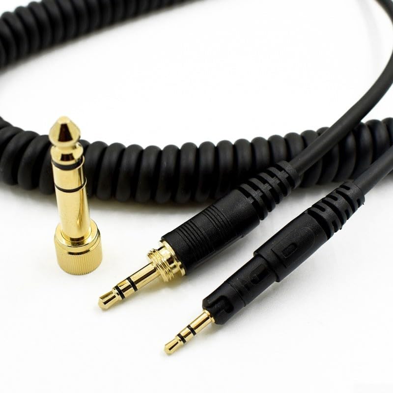 Stretch Replacement Cable For ATH-M50x And ATH-M40x Headphones, Coiled Spring Cord With 1/8 Inch TRS And 1/4 Inch Adapter, Black