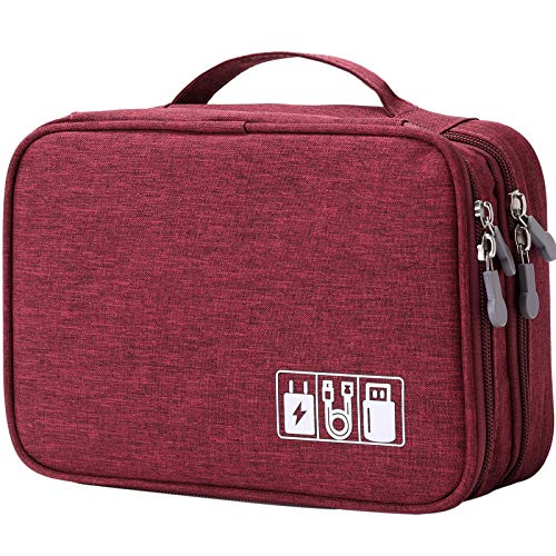 mygreen Electronic Accessories Organizer Bag, Waterproof Double Layer Travel Storage Case with Adjustable Padded Dividers, Portable Hard Pouch for Cables, Charger, Power Bank, Phone, Hard Drive Red - color: Red