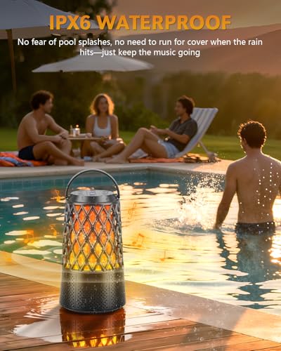 Outdoor Speakers Bluetooth 5.3 with Flame Light,Up to 100-speaker Sync,IPX6 | Waterproof, Wireless Auto-Pairing, HD Stereo Sound Atmosphere Lantern for Party Patio Porch Pool Camp Backyard, Gift for Men
