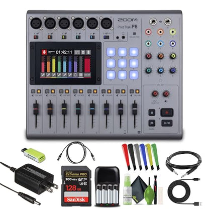 Zoom PodTrak P8 Podcast Recorder Battery Powered Bundle | For Podcasting & Interviews | 6 Microphone Inputs | 6 Headphone Outputs | 9 Sound Pads | Onboard Editing