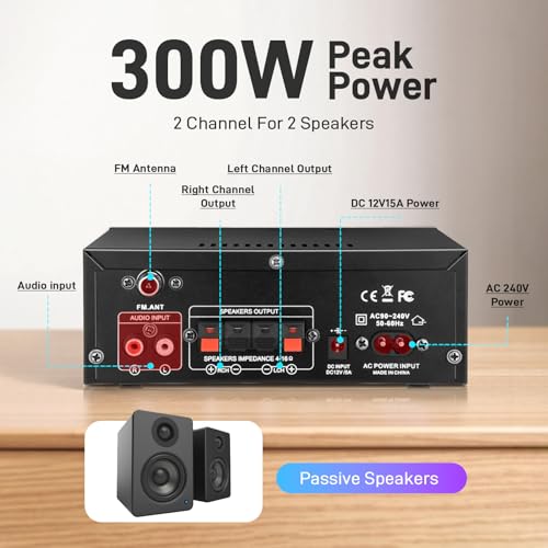 AK45 Stereo Home Audio Amplifier with 5.0 Bluetooth Receiver, 300W+300W Bluetooth HiFi AMP Power Amplifier 2.0 Channel RMS 40W x 2 Home Stereo System Remote Control Amp W/MIC,USB, RCA,FM Radio