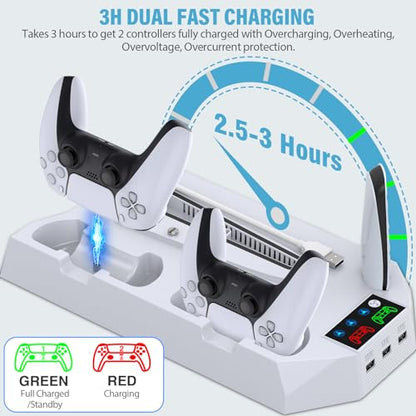 PS5 Slim Stand and Cooling Station with Controller Charging Station for Playsation 5 Slim&Standard Disc/Digital Console, PS5 Accessories Incl. Controller Charger/Turbo Fan/3 USB Hub/Headset Holder - color: WORK WITH PS5 Slim and PS5