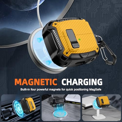 Safety Lock Case for Samsung Galaxy Buds3 FE/Pro/3 (Yellow) | Compatible with MagSafe, Carbon fibre texture Design,with Phone Stand& Cleaning kit,Keychain, - color: A-b-Yellow