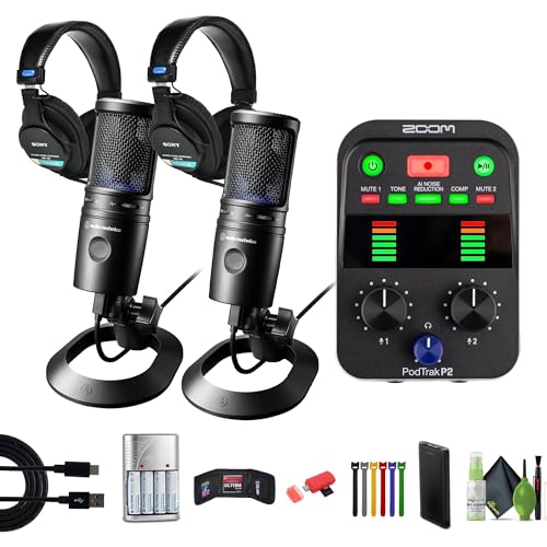 Zoom PodTrak P2 Podcast Recorder 2 USB Mic Inputs Bundle