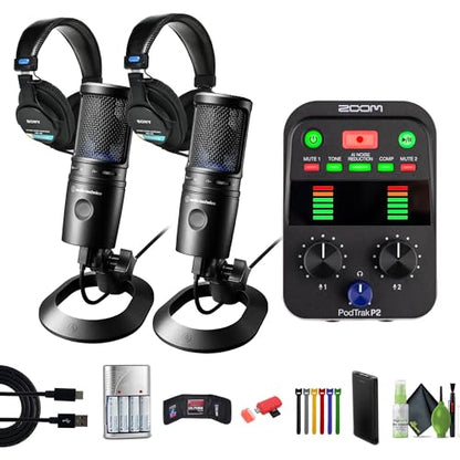 Zoom PodTrak P2 Podcast Recorder 2 USB Mic Inputs Bundle