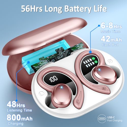 Wireless Earbuds Sport, Bluetooth 5.4 Headphones Bass Hi-Fi Stereo Over Ear Buds, 56Hrs CFZNoise Cancelling Headset with Earhook, IP-X7 Waterproof Earphones Workout Running for Laptop Pad Android iOS - color: Deep Rose Gold