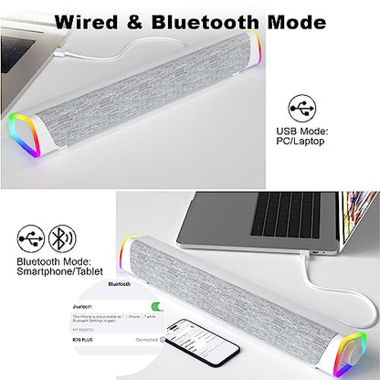 SOULION R30 Plus Bluetooth Computer Speakers, Wired USB Powered Plug & Play | All-in-One Rotary Control, Slanted Design, 6 Modes LED Light PC Speaker for Desktop Monitor Laptop White - color: White, style: USB & Bluetooth