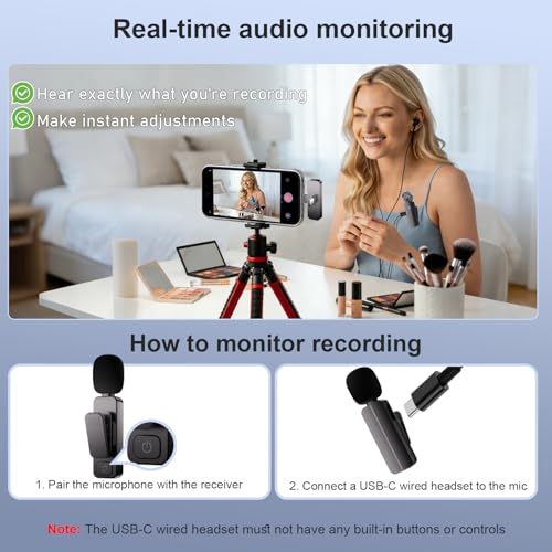 2-Pack Wireless Mini Lavalier Lapel Microphone for iPhone, Android(2 in 1) | Microphone for Content Creators, 65ft Clip on Dual Mics for TikTok, YouTube, Noise Reduction,Clear Voice, 6H Working Time