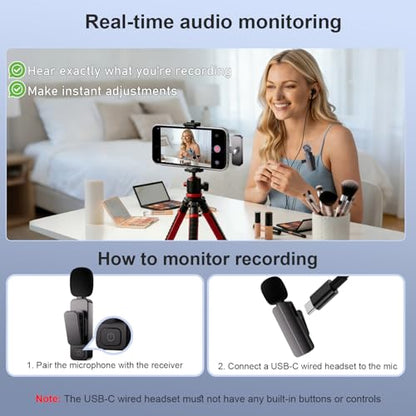 2-Pack Wireless Mini Lavalier Lapel Microphone for iPhone, Android(2 in 1) | Microphone for Content Creators, 65ft Clip on Dual Mics for TikTok, YouTube, Noise Reduction,Clear Voice, 6H Working Time